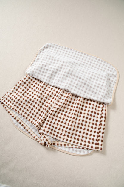 Brown Gingham Oversized Ribbed Trim Crew Neck Long Sleeve Top and Skort Set