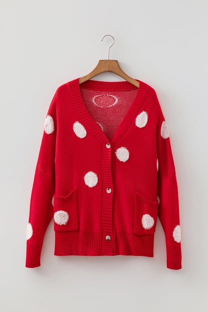 Red Polka Dot Button Front Oversized V Neck Cardigan