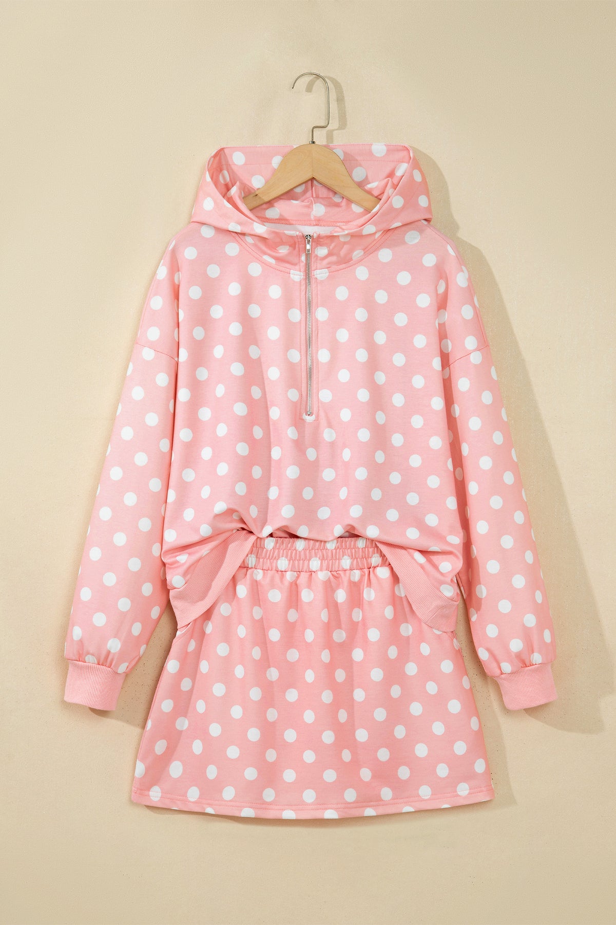 Pink Polka Dot Hooded Long Sleeve Top Casual Mini Skort Set