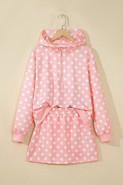 Pink Polka Dot Hooded Long Sleeve Top Casual Mini Skort Set