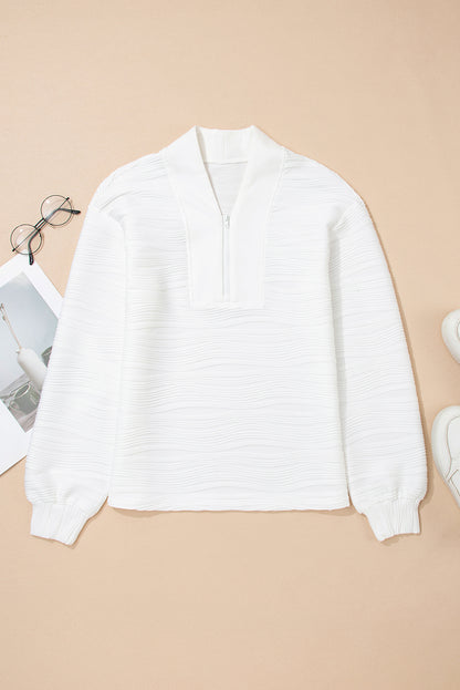Parchment Solid Color Textured Zip V Neck Pullover Sweatshirt