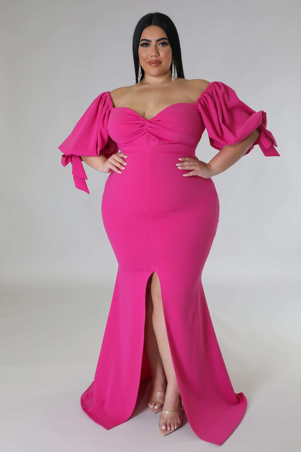 Bow Tie Puff Sleeve Plus Size High Slit Maxi Dress