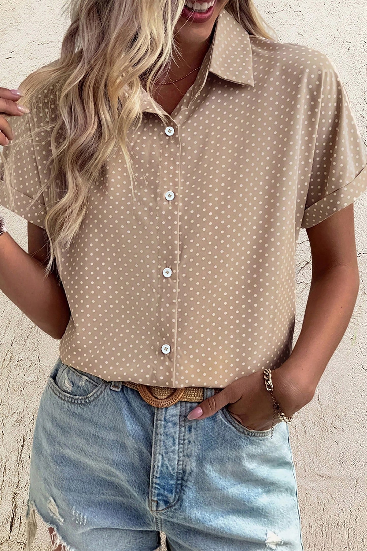 Khaki Dotted Print Cuffed Short Sleeve Shirt