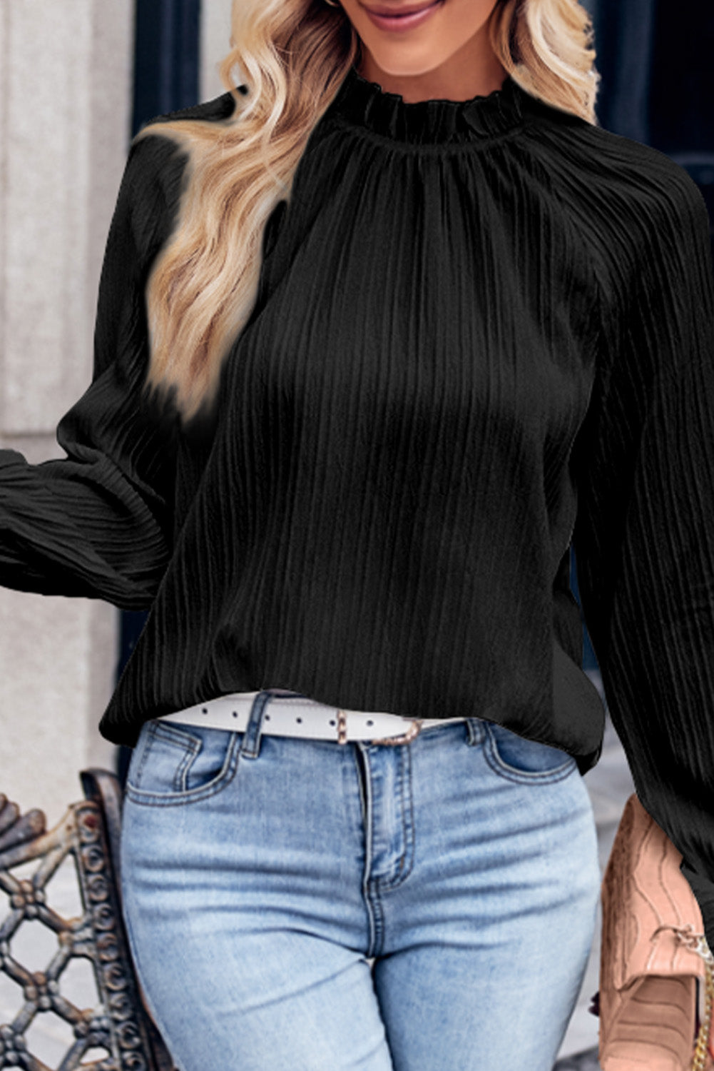 Blusa con volantes y cuello simulado con manga de burbuja ondulada verde 