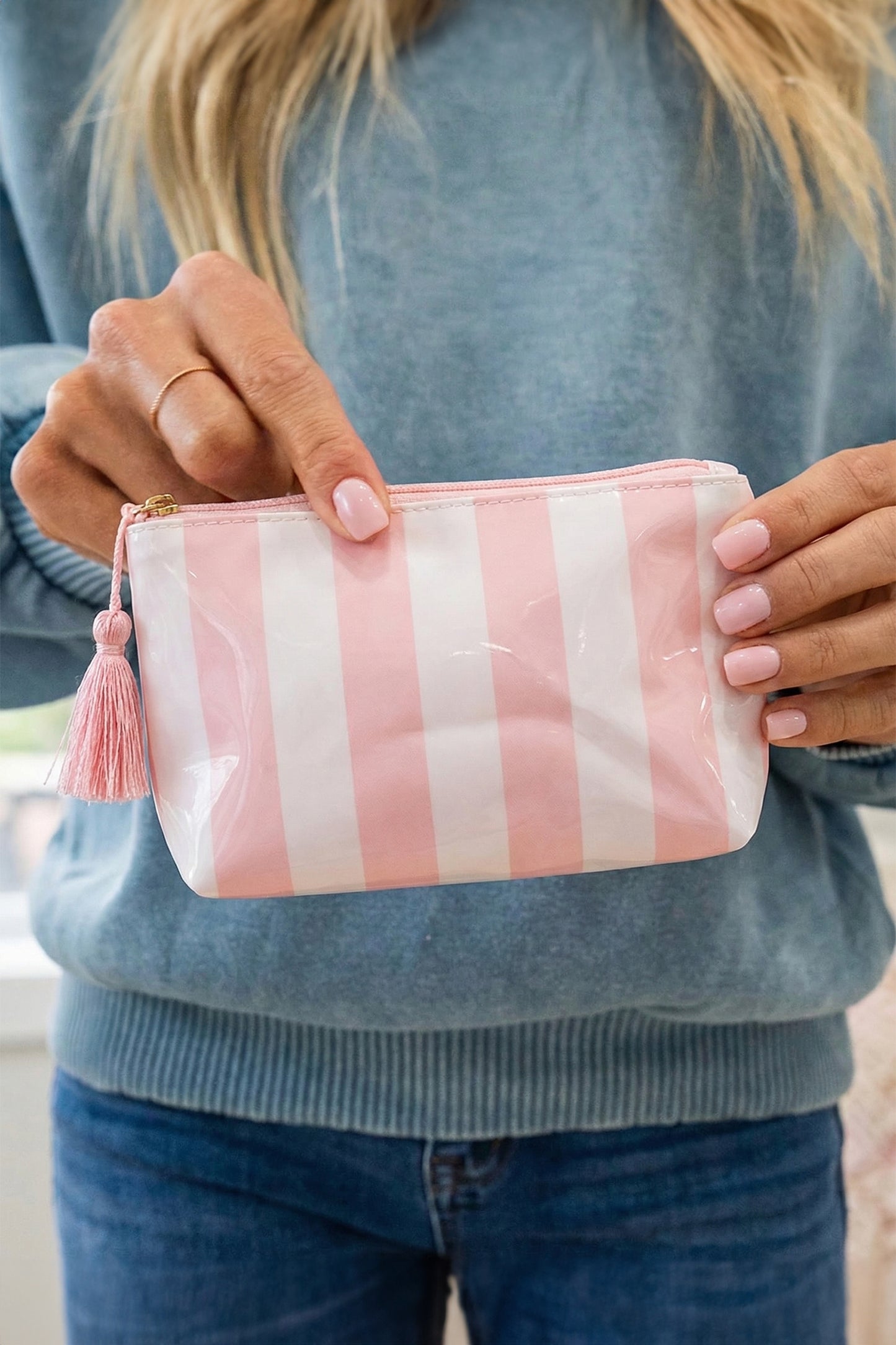 Light Pink Striped Vinyl Waterproof Tassel Zipper Makeup Bag