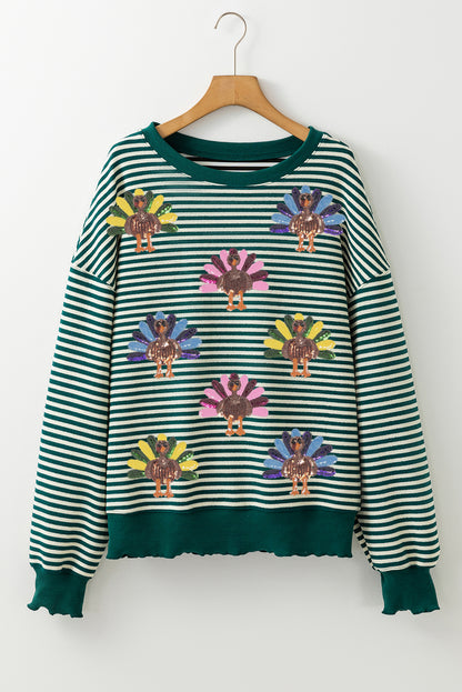 Green Stripe Sequined Turkey Pattern Drop Shoulder Pullover Top