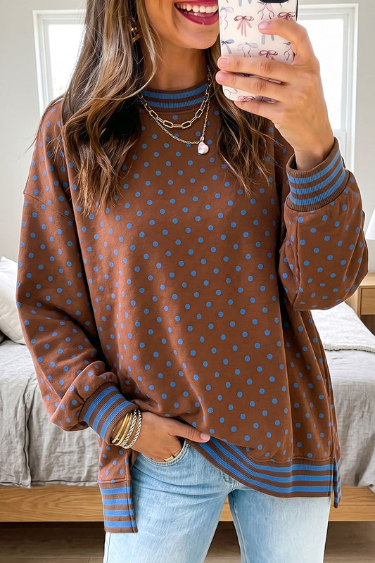 Brown Polka Dot Striped Trim Split Hem Casual Tunic Pullover Sweatshirt