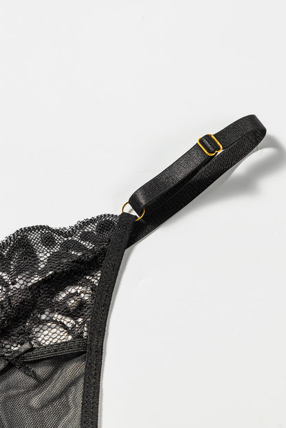 3 piezas set de lencería de malla de encaje con liguero de plumas 