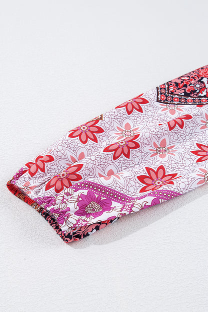 Robe grande taille à manches longues, col en V, lacets, imprimé floral, rose et bleu