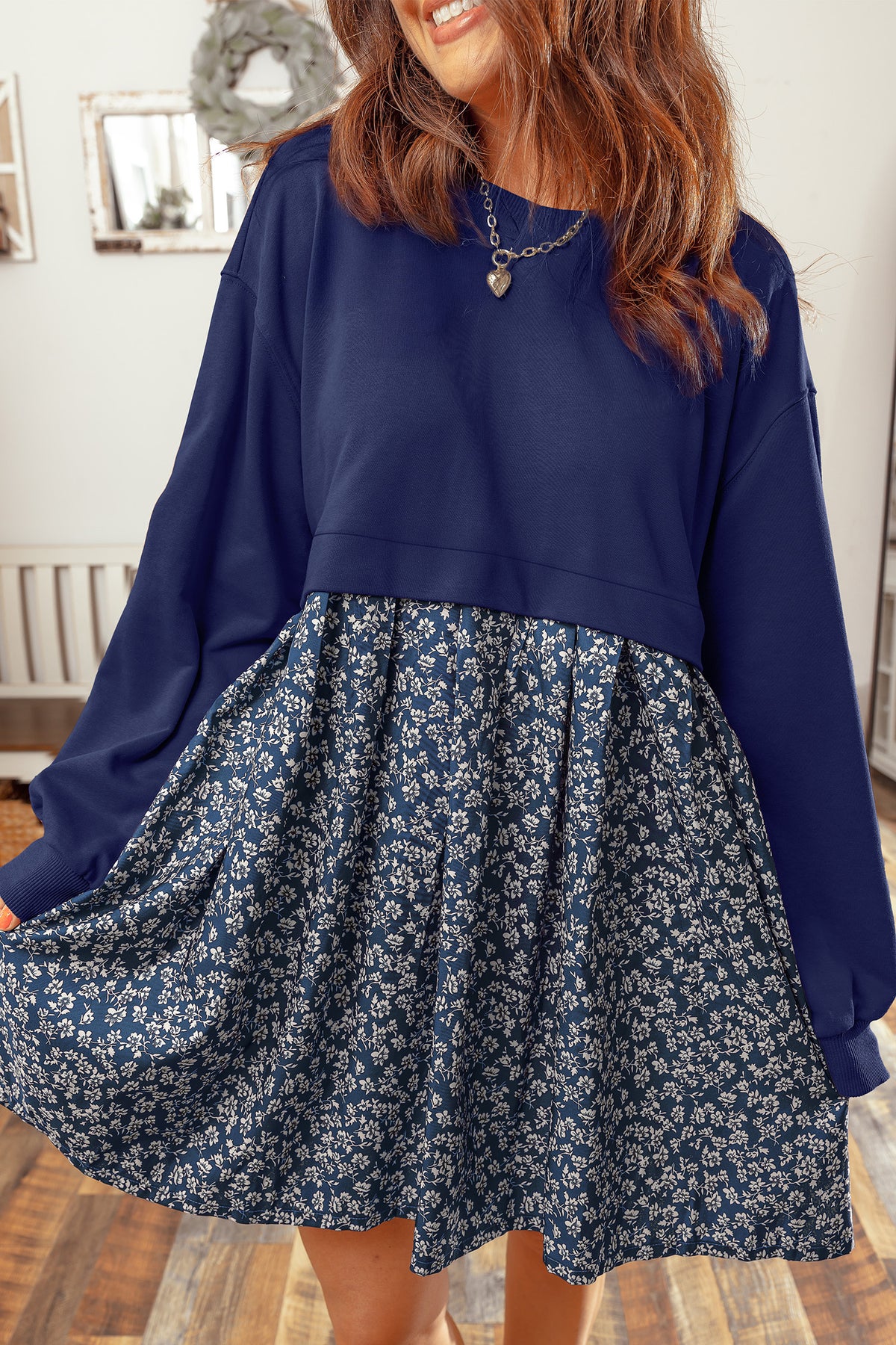 Dark Blue Solid Long Sleeve Patchwork Floral/Camo/Mallard Flared 2-in-1 Mini Dress