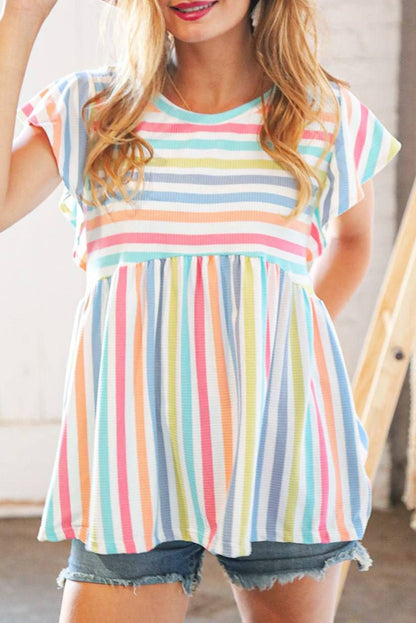 Multicolor Stripe Print Textured Knit Babydoll Blouse