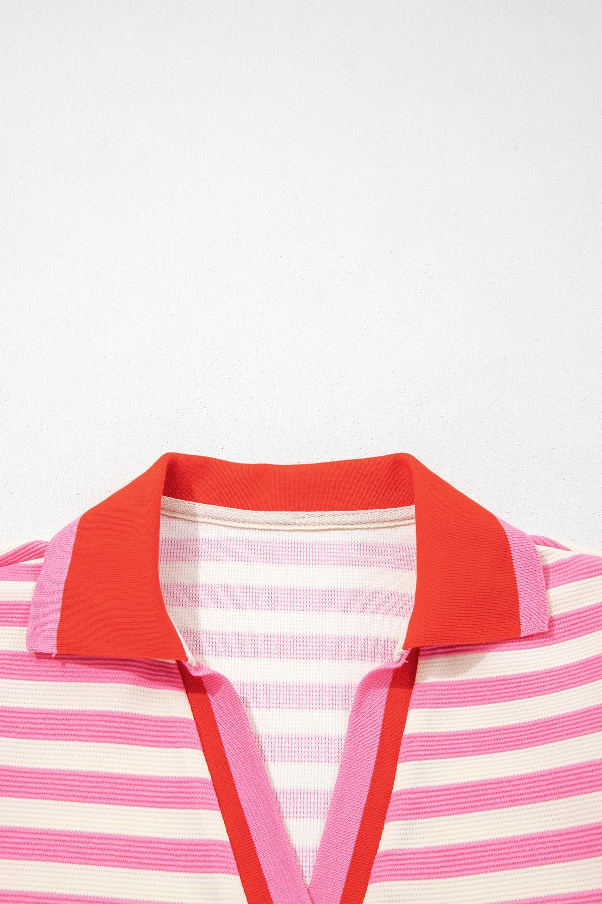 Rose Stripe Contrast Trim Polo Collar Ruffled Short Sleeve Blouse