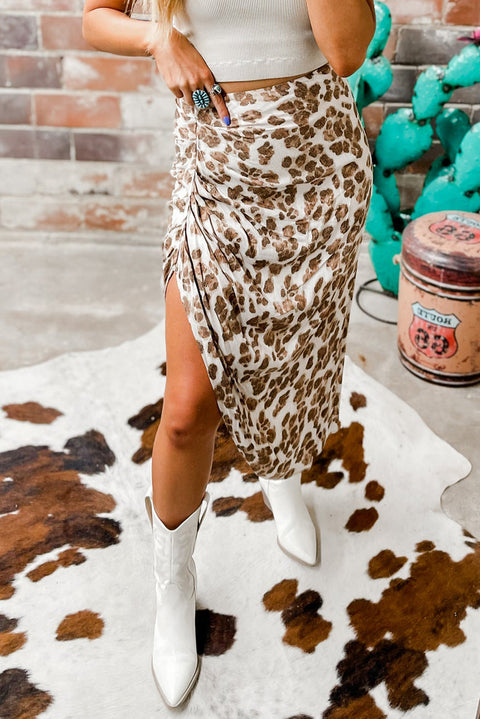 Khaki Leopard Print Side Spit Ruched Midi Skirt