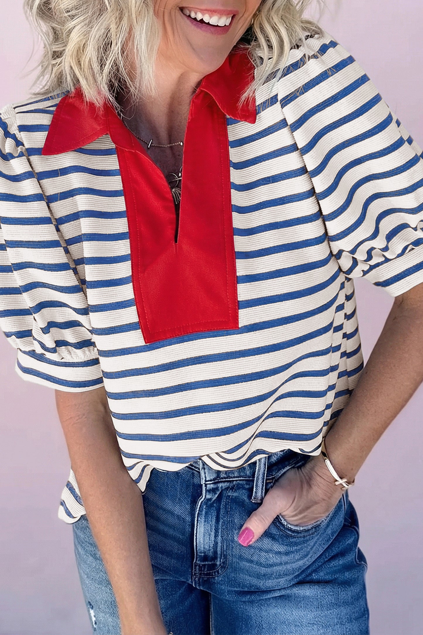 Pink Stripe Short Puff Sleeve Color Block Polo Collar Blouse