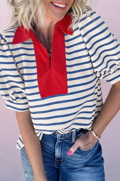 Pink Stripe Short Puff Sleeve Color Block Polo Collar Blouse