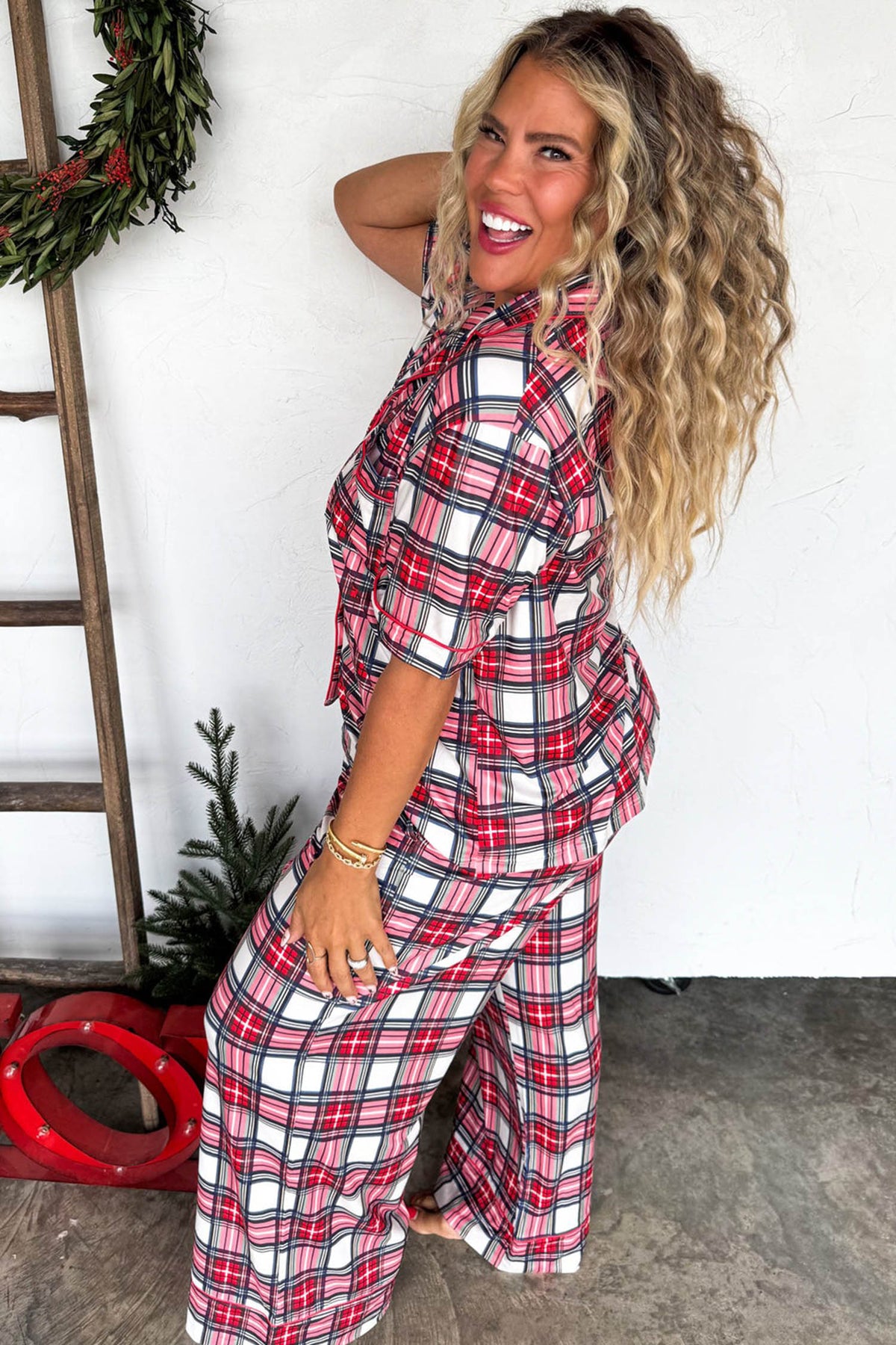 Red Plus Size Short Sleeve Button Down Plaid Pajama 2pcs Pant Set