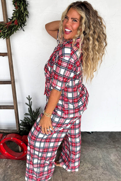 Red Plus Size Short Sleeve Button Down Plaid Pajama 2pcs Pant Set