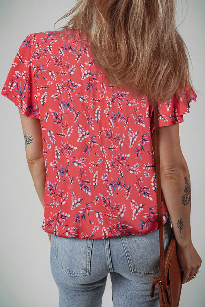 Red Floral Tie Split Neck Short Flounce Sleeve Crinkled Blouse
