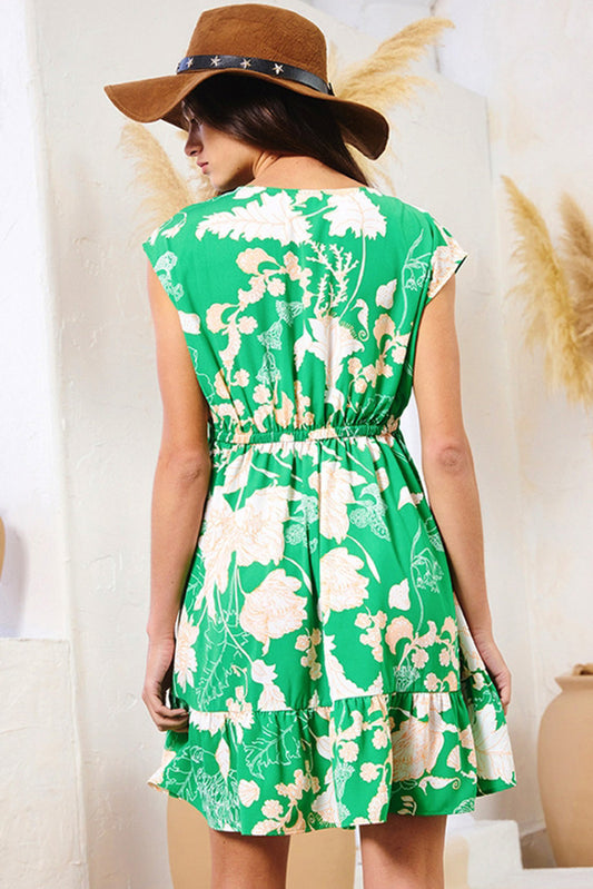 Green Floral Sleeveless V Neck Ruffled Hem Mini Dress