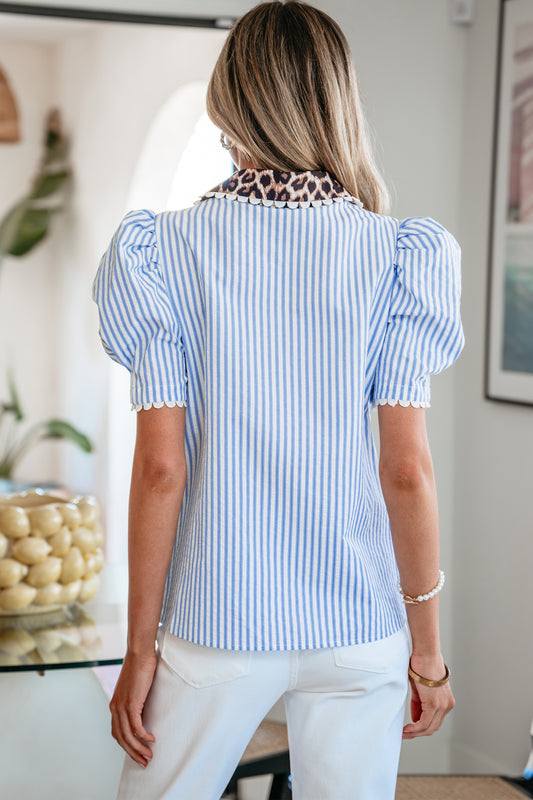 Sky Blue Stripe Ricrac Trim Short Puff Sleeve Leopard Patchwork Collar V Neck Blouse
