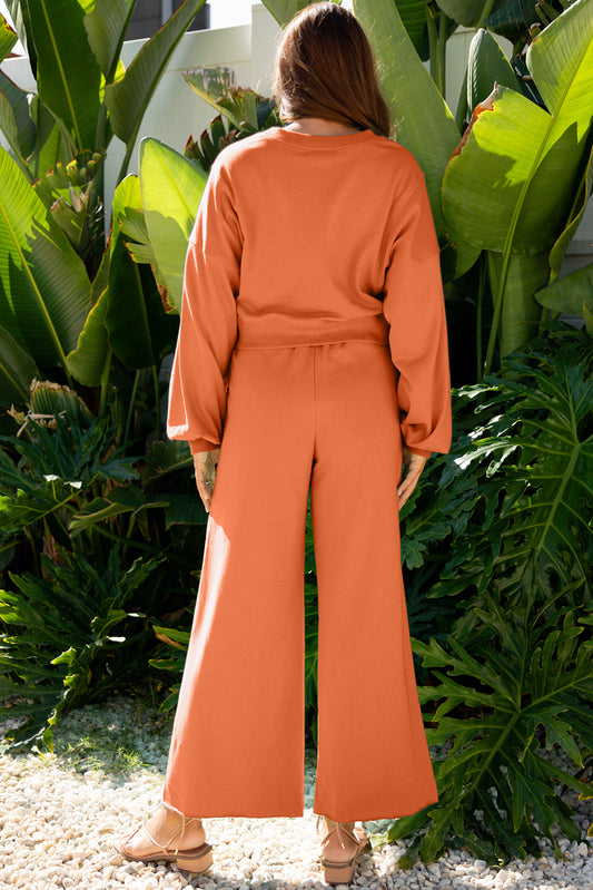 Flamingo Drop Shoulder Puff Sleeve Crop Pullover Drawstring Wide Leg Pants Set