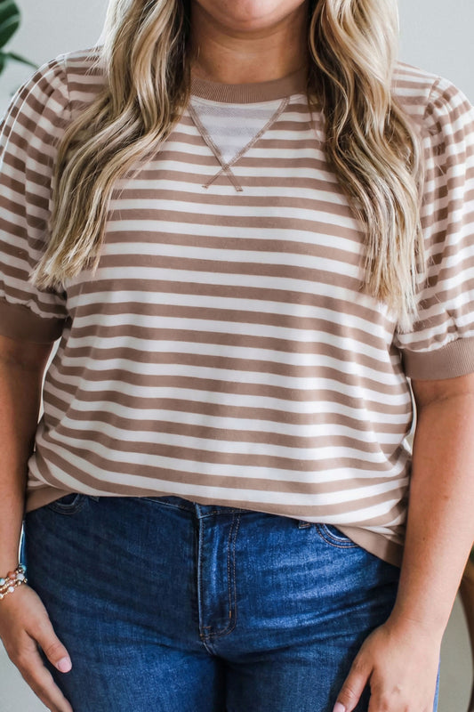 Khaki Stripe Ribbed Trim Round Neck Short Puff Sleeve Plus T Shirt