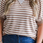 Khaki Stripe Ribbed Trim Round Neck Short Puff Sleeve Plus T Shirt