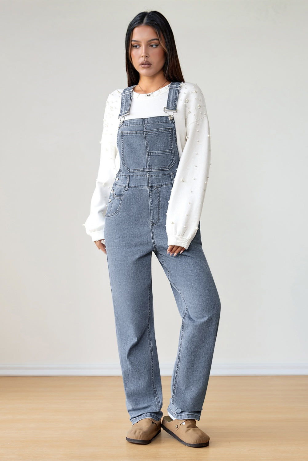 Light Blue Retro Bib Pocket Buckle Straps Casual Denim Jumpsuit