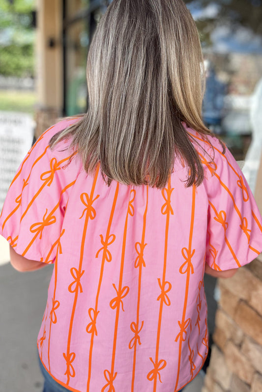 Rose Bowknot Print Shirred V Neck Puff Sleeve Plus Size Blouse