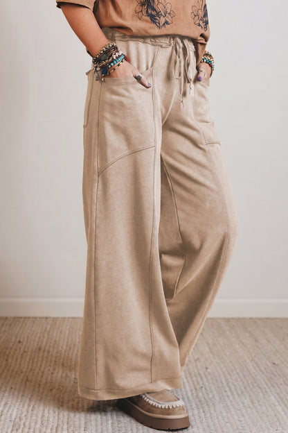 Smoke Gray 100% Cotton Mineral Wash Drawstring Retro High Waist Wide Leg Western Pants
