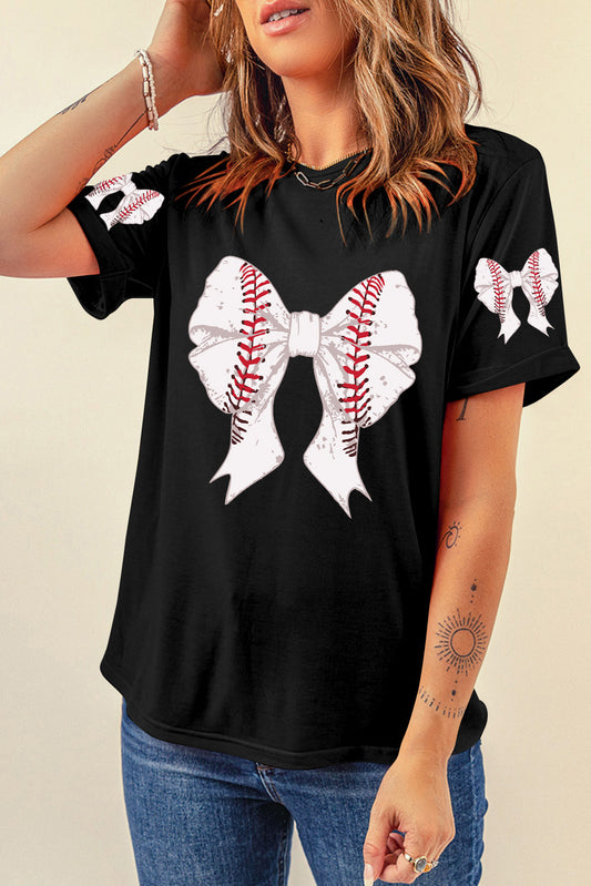 Black Baseball Bowknot Graphic Relaxed T Shirt