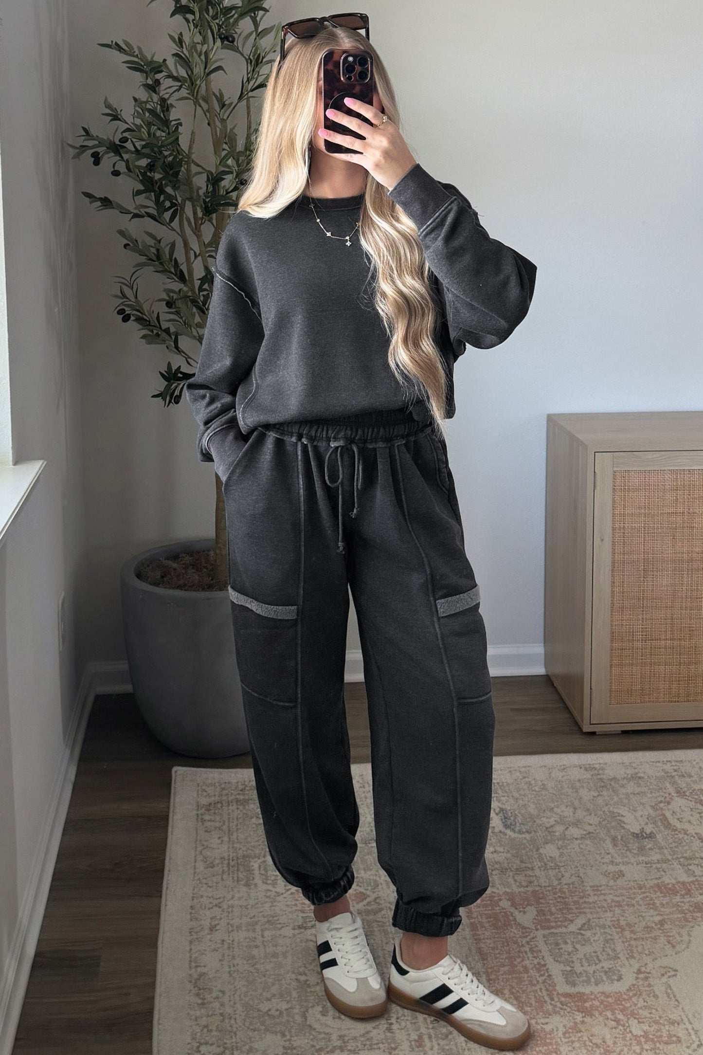 Carbon Grey Solid Colorblock Jogger Pants Set