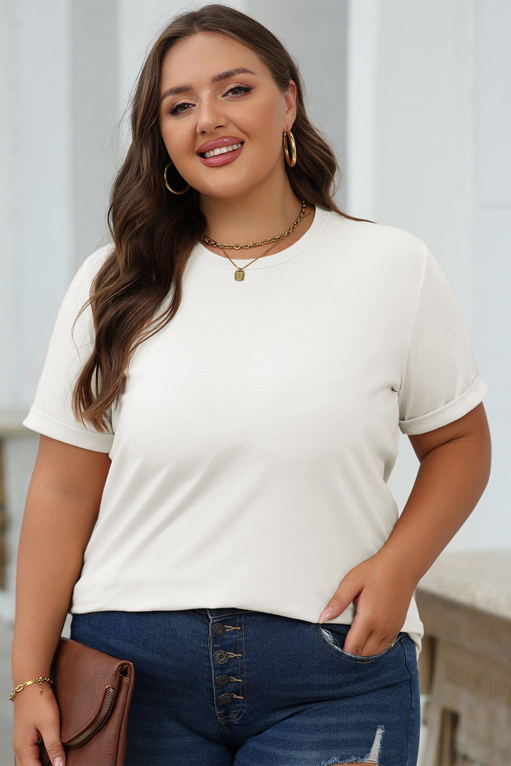 White Casual Plain Crew Neck Tee