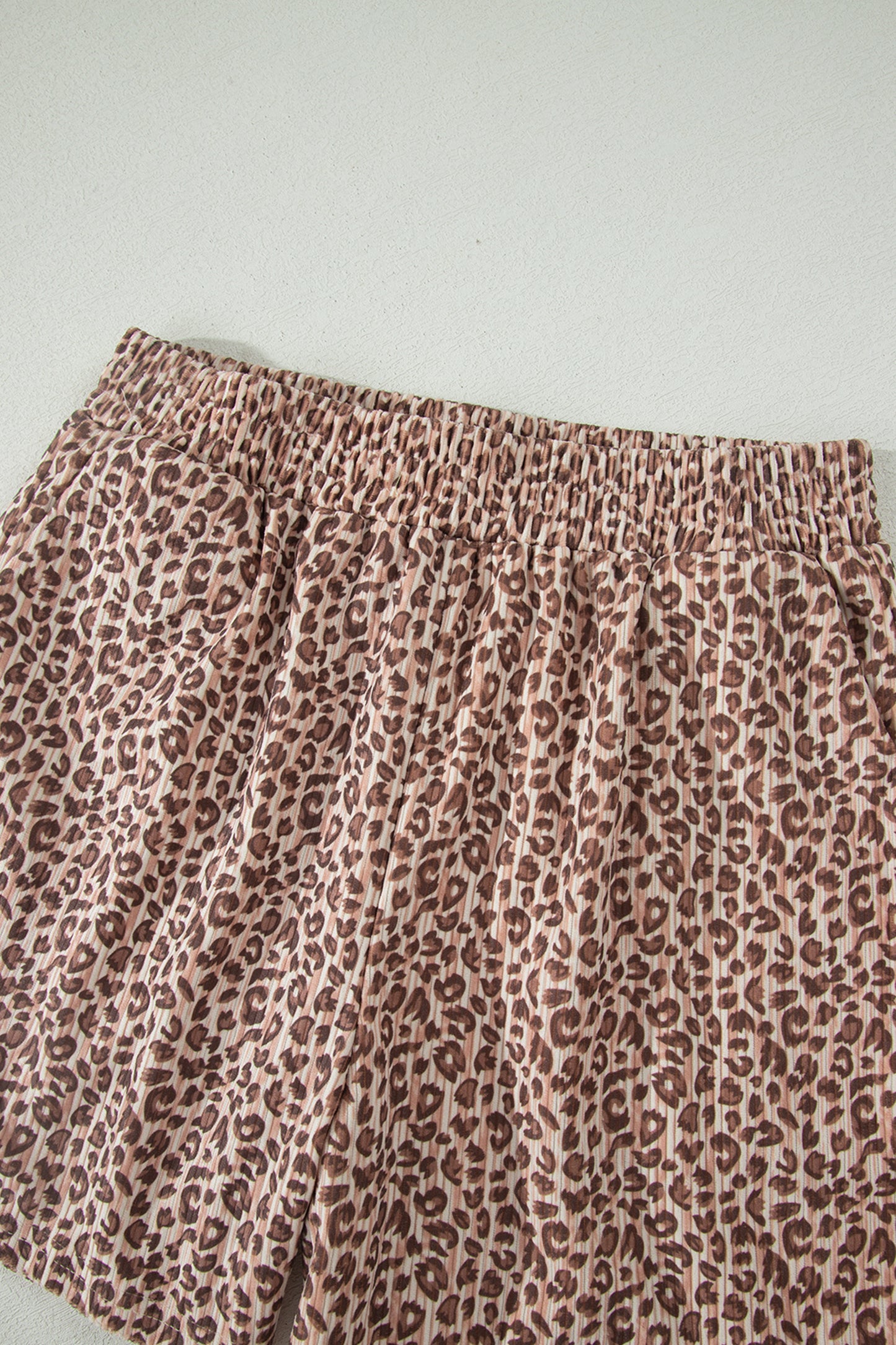 Brown Leopard Print Ribbed Patchwork Half Button Loose Tee Elastic Waist Short 2pcs Set