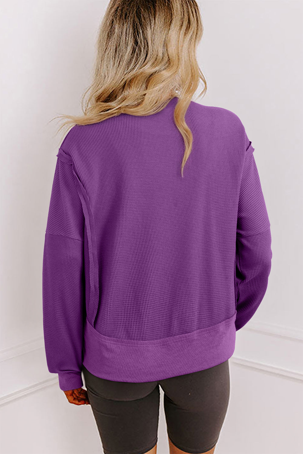 Orchid Mist Solid Color Raw Seam Patchwork Ribbed Drop Shoulder Sweatshirt