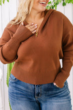 Rose Solid Ribbed Trim Plus Size Zip Collar Sweater