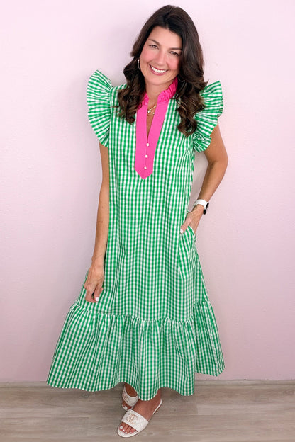 Bright Green Summer Color-Blocked Plaid Pattern Midi Dress