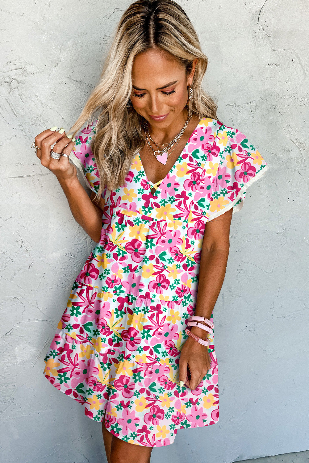 Robe kaki à imprimé croisé et col en V, manches flottantes