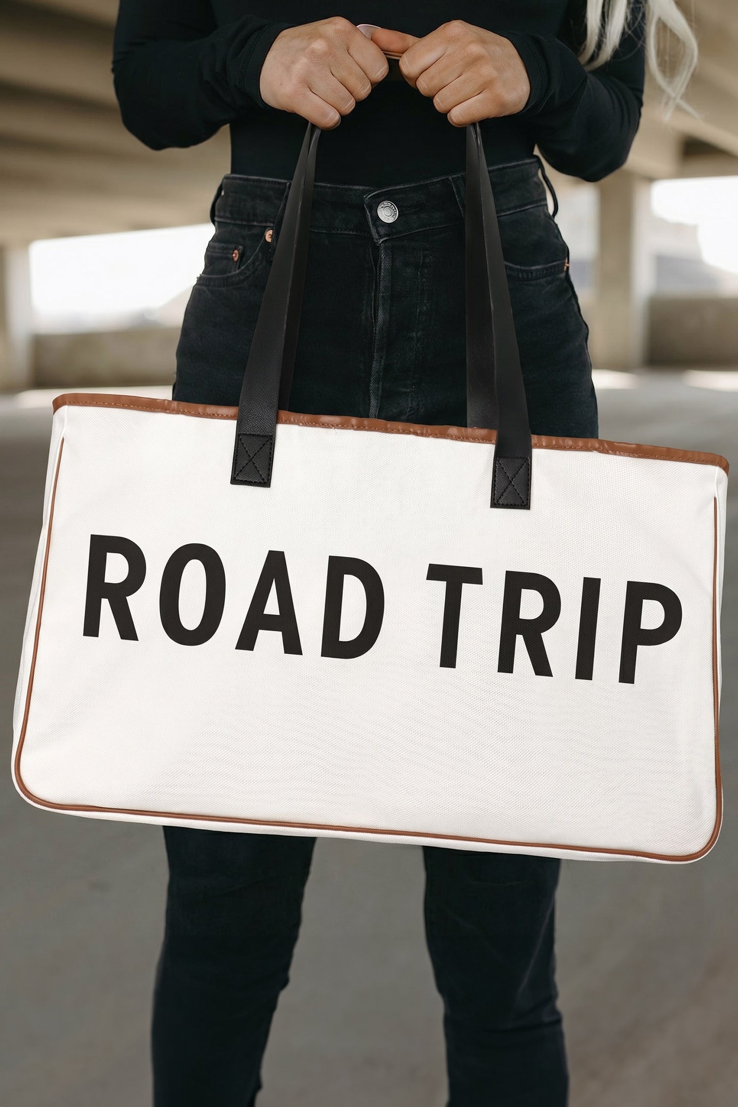 White Canvas Road Trip Tote Bag 50x15x30cm Summer Travel Carryall