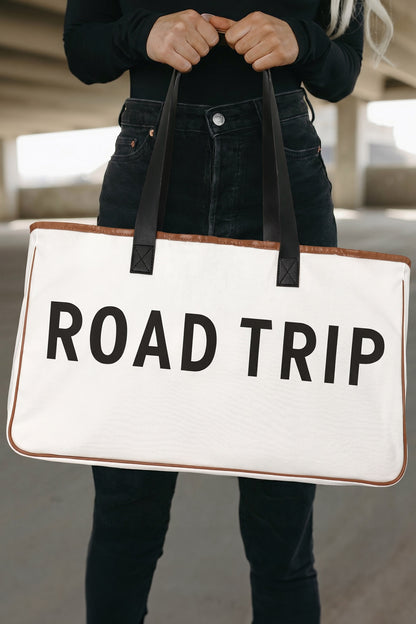 White Canvas Road Trip Tote Bag 50x15x30cm Summer Travel Carryall
