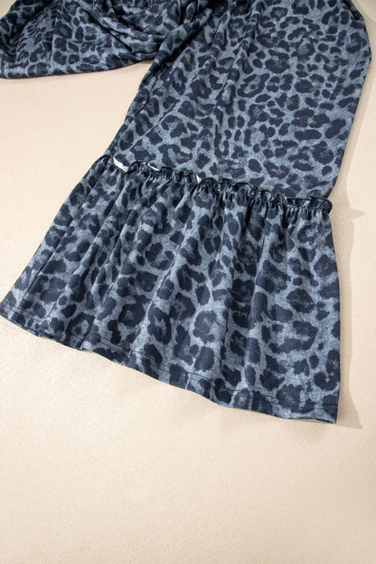 Gray Wild Leopard Print Frilled Detail Drawstring Wide Leg Pants
