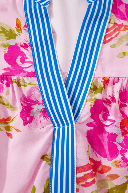 Multicolour Floral Half Sleeve Striped Trim V Neck Blouse