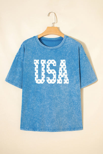 Blue USA Star Print Mineral Washed Cotton Tee
