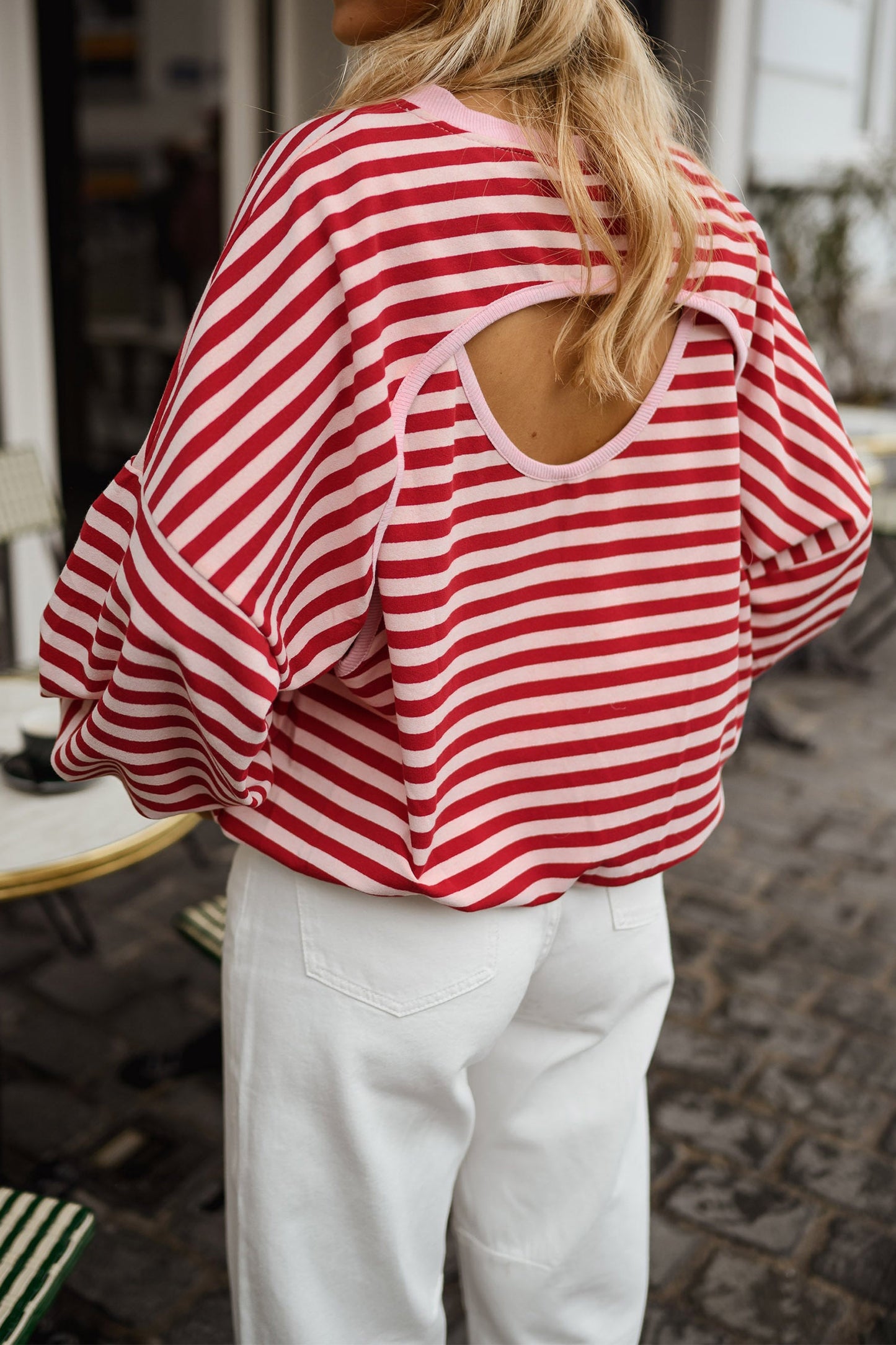 Red Stripe Cutout Open Back Long Sleeve Loose Top