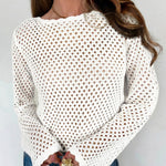White Scalloped Trim Hollow Out Knit Long Sleeve Top