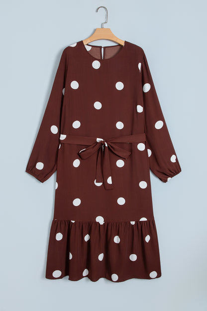 Brown Polka Dot Ruffled Hem Long Sleeve Tie Waist Plus Size Dress