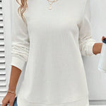 White Rounded Hem Waffle Long Sleeve Top
