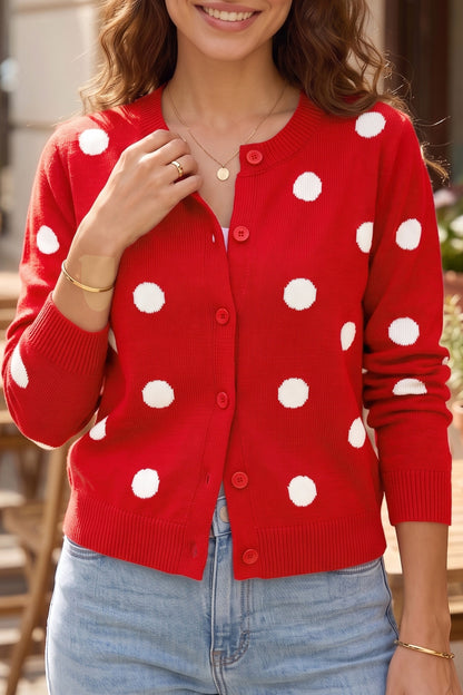 Fiery Red Casual Polka Dot Button Front Long Sleeve Sweater Cardigan