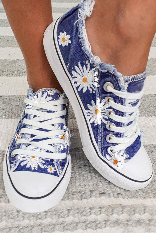 Sky Blue Frayed Denim Daisy Print Lace-up Shoes