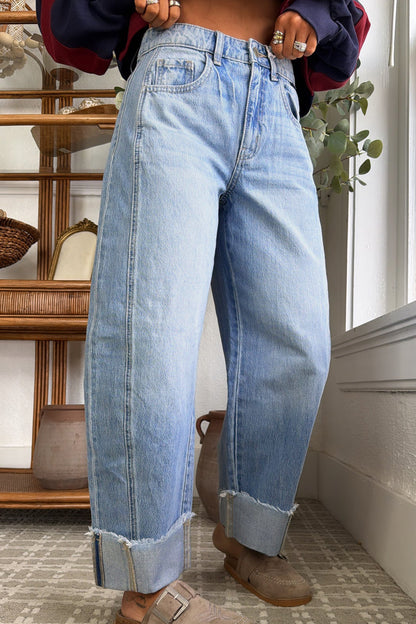 Myosotis Raw Hem Turnup Loose Ankle-length Jeans